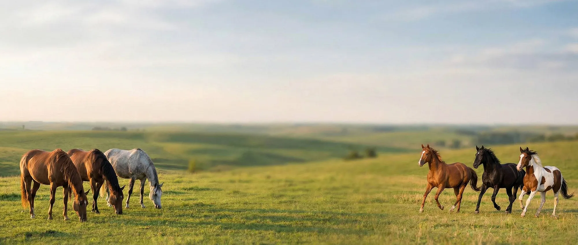Eine Pferdeherde grast verteilt auf einer weiten, huegeligen Sommerweide, einzelne Tiere traben am Horizont unter blassem Himmel.