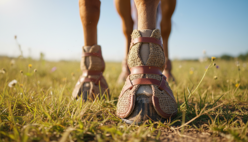 Photorealistic close‑up of a horse standing in a sunny pasture, focus on the hooves with a modern, natural‑style hoof protection showing its texture and fit, horse looking relaxed and healthy, soft warm lighting, shallow depth of field, nature‑respecting atmosphere, clean and professional thumbnail composition.