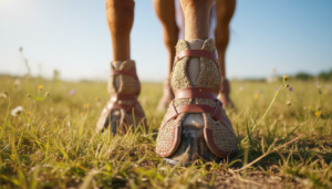 Photorealistic close‑up of a horse standing in a sunny pasture, focus on the hooves with a modern, natural‑style hoof protection showing its texture and fit, horse looking relaxed and healthy, soft warm lighting, shallow depth of field, nature‑respecting atmosphere, clean and professional thumbnail composition.