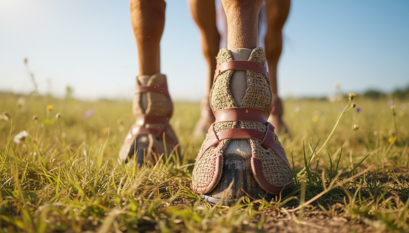 Photorealistic close‑up of a horse standing in a sunny pasture, focus on the hooves with a modern, natural‑style hoof protection showing its texture and fit, horse looking relaxed and healthy, soft warm lighting, shallow depth of field, nature‑respecting atmosphere, clean and professional thumbnail composition.