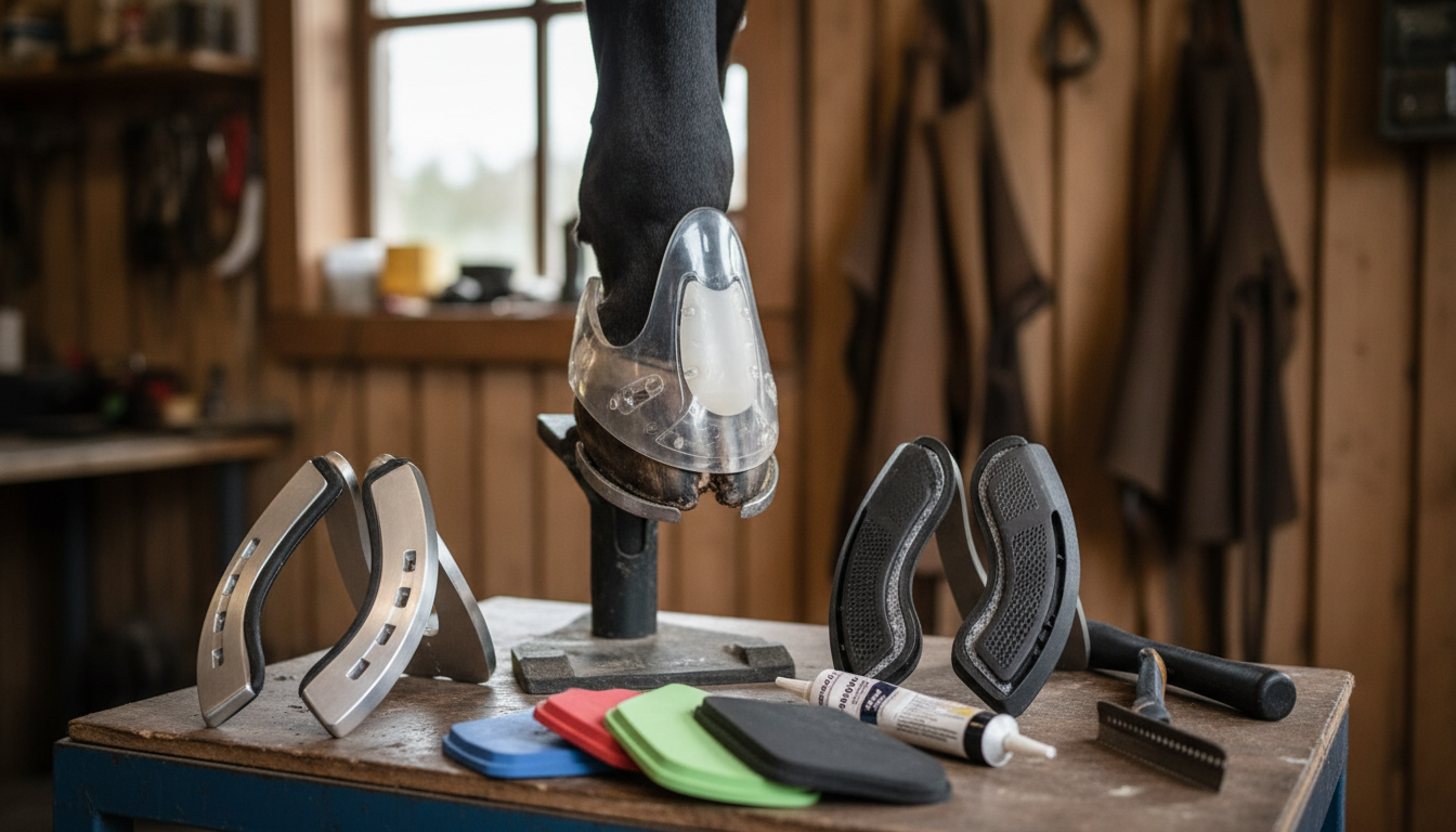 Darstellung eines Pferdehufs mit verschiedenen modernen Hufschutzmaterialien wie Kunststoff-, Aluminium- und Verbundbeschlägen zur Stoßdämpfung.