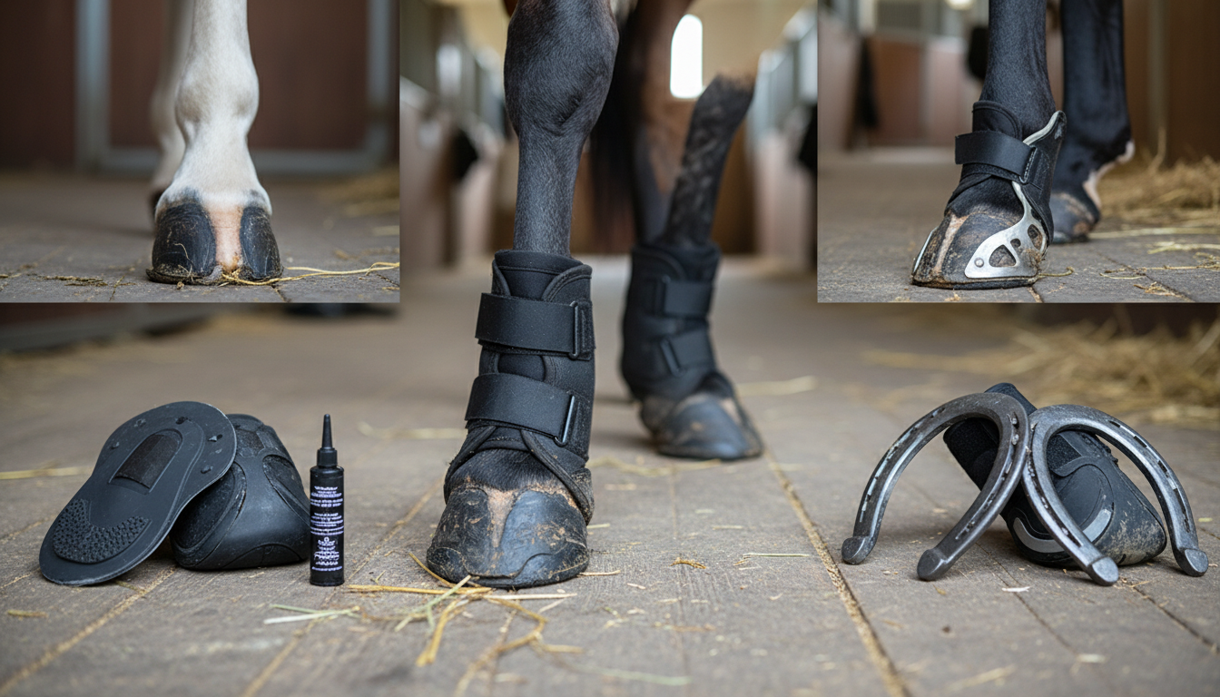 Darstellung verschiedener Hufschutzarten für Pferde, darunter Hufschuhe, Klebebeschläge und orthopädische Varianten zur Behandlung von Hufproblemen.