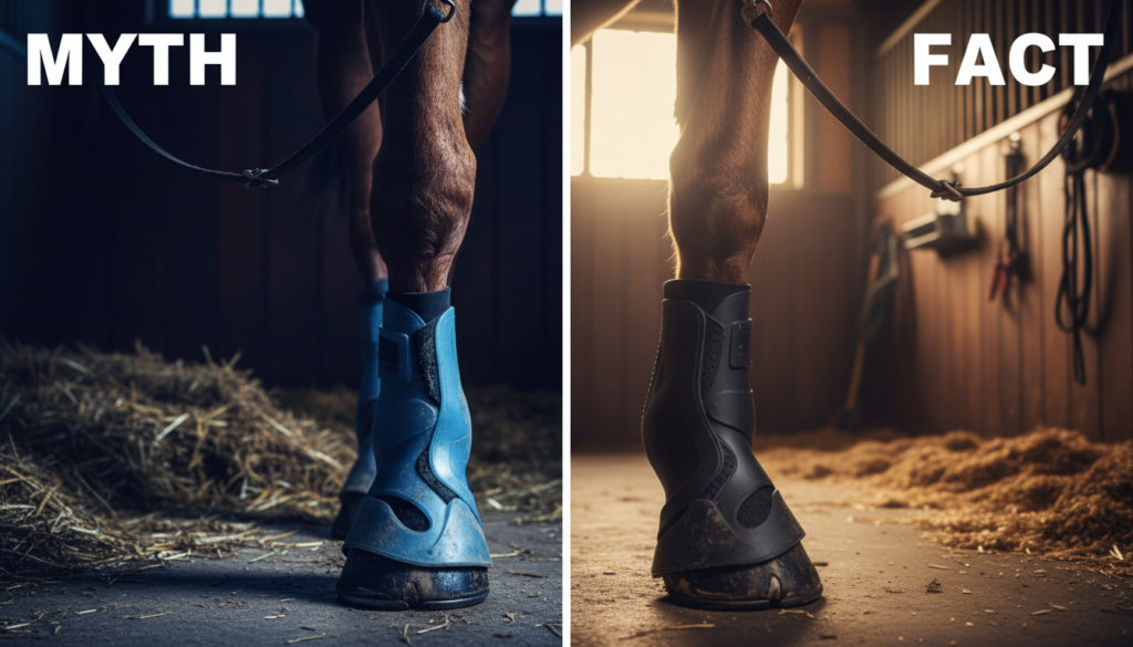 Photorealistic close‑up of a horse’s hoof wearing modern plastic hoof protection, split-screen style showing “myth vs. fact” contrast through lighting and color, sharp natural textures, realistic stable background, high detail, dramatic but clean composition designed for an informative thumbnail about debunking common myths on plastic hoof protection for horses.