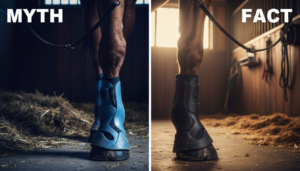 Photorealistic close‑up of a horse’s hoof wearing modern plastic hoof protection, split-screen style showing “myth vs. fact” contrast through lighting and color, sharp natural textures, realistic stable background, high detail, dramatic but clean composition designed for an informative thumbnail about debunking common myths on plastic hoof protection for horses.