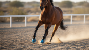 Photorealistic close‑up thumbnail of a powerful sport horse galloping on a sandy track, showcasing sleek lightweight plastic hoof protection in sharp detail; dynamic motion, dust particles in the air, strong muscles highlighted by warm natural sunlight; background slightly blurred for action-focused composition; tone conveys performance, endurance, and modern athletic technology.
