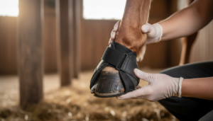 Photorealistic close‑up of a horse’s hoof being examined and fitted with a therapeutic hoof boot, a veterinarian’s hands gently supporting the leg, clear signs of professional care for laminitis and navicular issues, soft natural barn lighting, detailed textures of the hoof, boot, and horse hair, calm and reassuring atmosphere, sharp focus, high‑resolution thumbnail composition