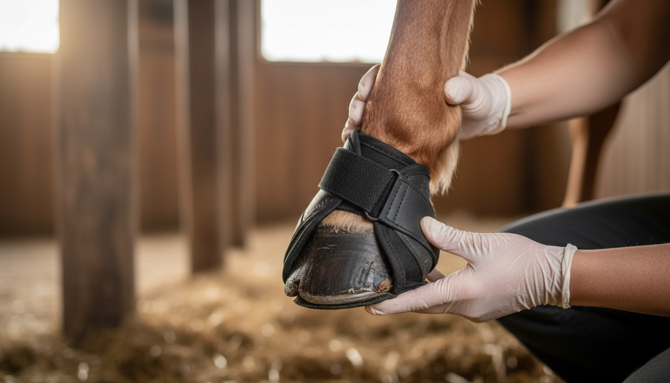 Photorealistic close‑up of a horse’s hoof being examined and fitted with a therapeutic hoof boot, a veterinarian’s hands gently supporting the leg, clear signs of professional care for laminitis and navicular issues, soft natural barn lighting, detailed textures of the hoof, boot, and horse hair, calm and reassuring atmosphere, sharp focus, high‑resolution thumbnail composition