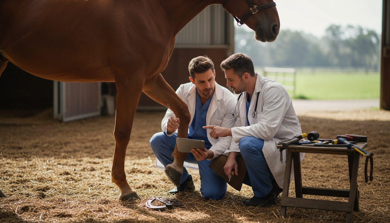 Tierarzt und Hufschmied untersuchen gemeinsam den Huf eines Pferdes, besprechen den Behandlungsplan und passen den Hufschutz für die Therapie an.