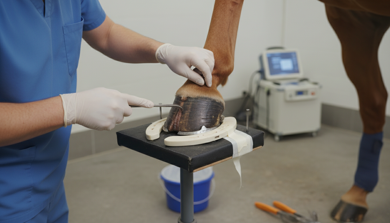 Tierarzt untersucht einen an Hufrehe erkrankten Pferdehuf, zeigt beschädigte Sohle und angepassten therapeutischen Hufschutz während der Behandlung.