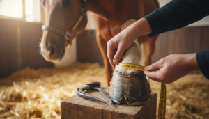 Photorealistic close-up of a person measuring a horse’s hoof with a measuring tape in a bright stable, detailed textures of the hoof and tools, calm and gentle horse in the background, natural warm lighting, sharp focus, professional instructional thumbnail style