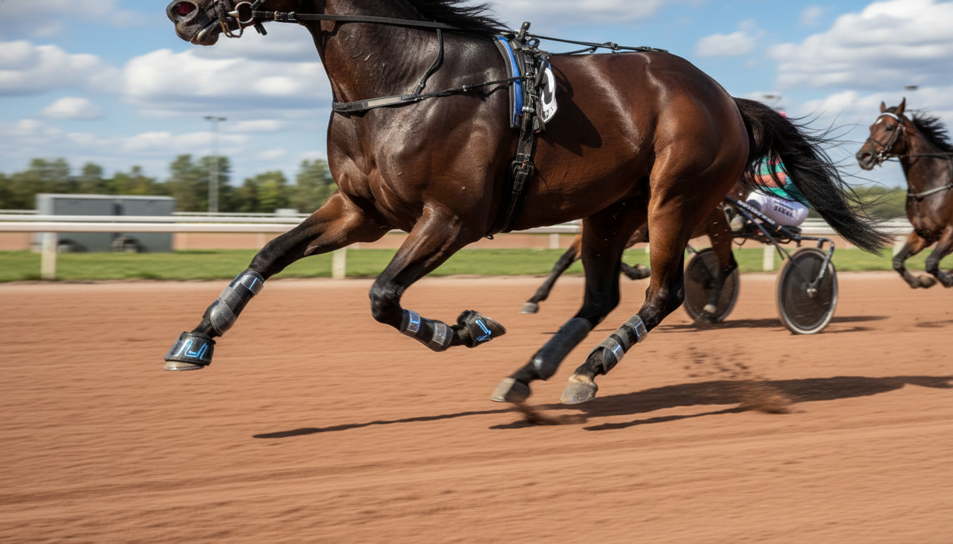 Photorealistic close‑up of a powerful racing trotter horse in motion on a dirt track, showcasing advanced innovative hoof protection technology on its hooves, dynamic dust and motion blur, dramatic low‑angle lighting, sharp details on the horse’s muscles and legs, subtle futuristic design elements on the hoof protection, energetic and competitive racing atmosphere, professional sports thumbnail composition, bold and high‑contrast colors.