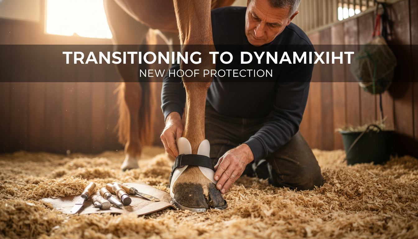 Photorealistic close-up of a horse standing in a stable, a farrier gently adjusting modern DynamixIHT hoof protection on the horse’s hoof, detailed textures of the hoof, tools, and horsehair, warm natural lighting, soft depth of field, clean and professional look suitable for an informative thumbnail about transitioning horses to new hoof protection
