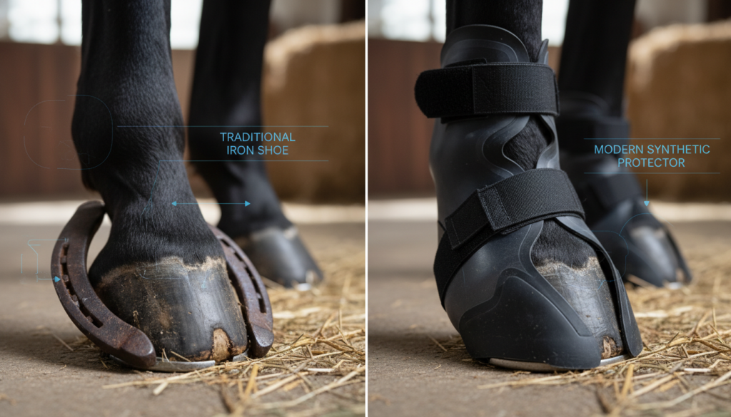 Photorealistic close‑up of a horse’s hoof standing on clean stable ground, split composition showing one hoof fitted with a traditional iron horseshoe and the other with a modern synthetic plastic hoof protector. Soft natural lighting, subtle scientific elements like faint diagram overlays or translucent labels, neutral background, high detail, sharp focus, professional thumbnail style.