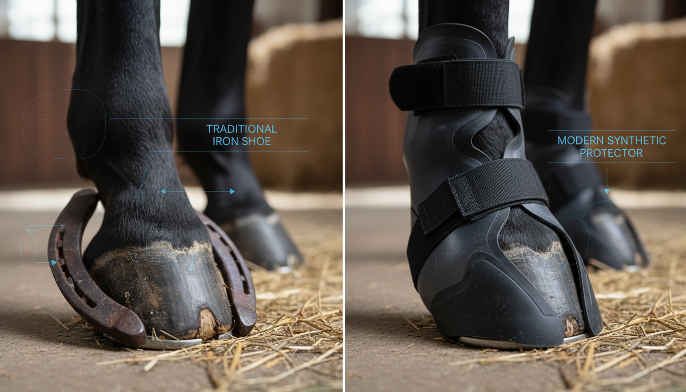 Photorealistic close‑up of a horse’s hoof standing on clean stable ground, split composition showing one hoof fitted with a traditional iron horseshoe and the other with a modern synthetic plastic hoof protector. Soft natural lighting, subtle scientific elements like faint diagram overlays or translucent labels, neutral background, high detail, sharp focus, professional thumbnail style.