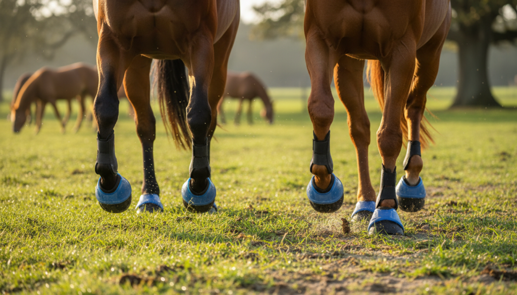 Photorealistic close‑up of two healthy horses trotting comfortably in a sunlit pasture, focusing on their hooves protected by high‑quality modern hoof protection; joyful movement, vibrant natural colors, soft golden light, crisp details, dynamic composition conveying relief and transformation, suitable for an eye‑catching thumbnail.