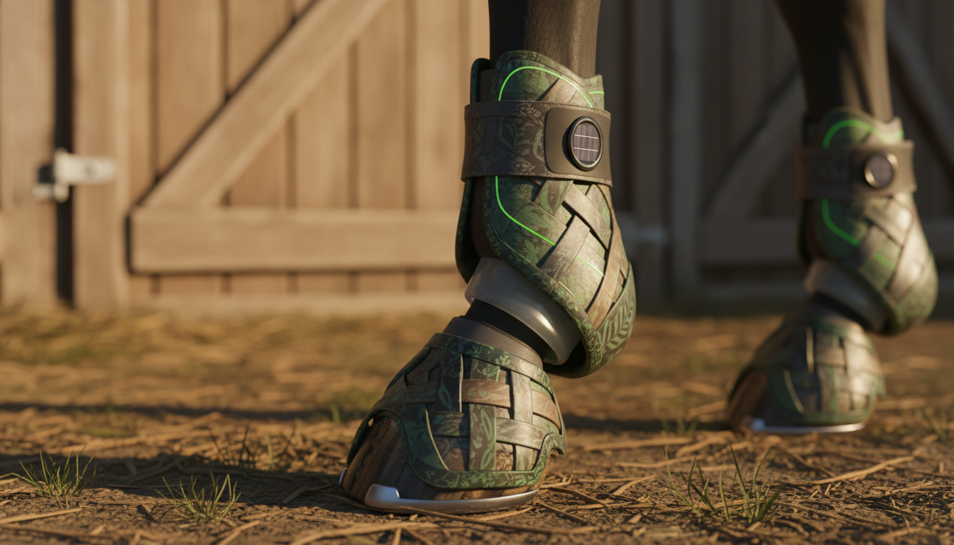 Photorealistic close-up of a horse’s hoof fitted with sleek, modern, eco-friendly high‑tech protection materials, showcasing durability and innovative design; natural outdoor stable environment with warm sunlight highlighting textures; subtle green sustainability accents; professional, clean thumbnail composition with sharp focus and high detail.