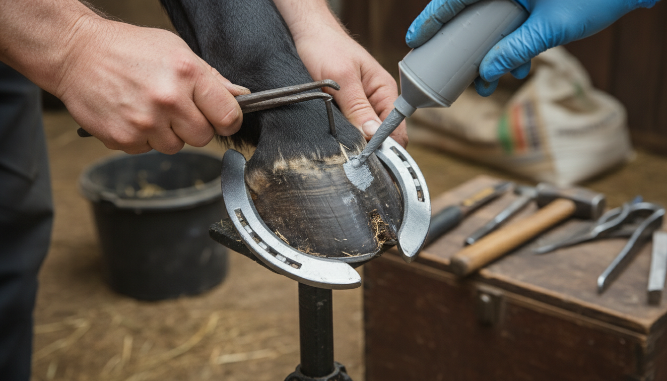 Photorealistic close‑up of a horse’s hoof being fitted with modern hoof protection, one side showing a farrier holding a horseshoe nail and the other side showing adhesive application, detailed textures of the hoof, tools, and hands, natural stable lighting, sharp focus, clean composition with space for text, professional thumbnail aesthetic