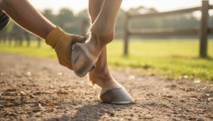 Photorealistic close‑up of a horse’s hoof in motion on natural ground, showcasing the natural flexing and expansion of the hoof capsule. A farrier’s gentle hand is visible demonstrating flexible, modern hoof protection. Warm natural lighting, crisp detail of hoof structure, tendons, and movement. Background softly blurred stable or pasture environment. Atmosphere conveys natural biomechanics, health, and harmony.
