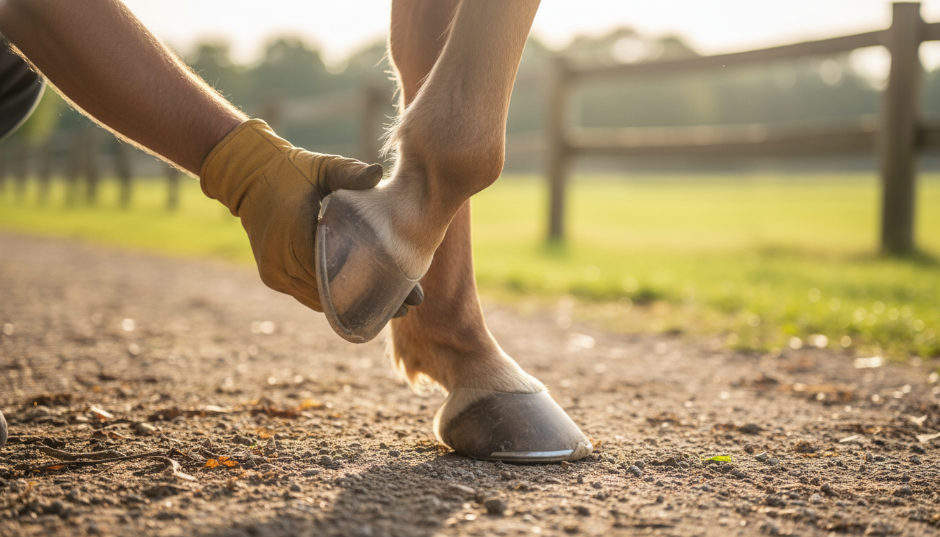 Photorealistic close‑up of a horse’s hoof in motion on natural ground, showcasing the natural flexing and expansion of the hoof capsule. A farrier’s gentle hand is visible demonstrating flexible, modern hoof protection. Warm natural lighting, crisp detail of hoof structure, tendons, and movement. Background softly blurred stable or pasture environment. Atmosphere conveys natural biomechanics, health, and harmony.