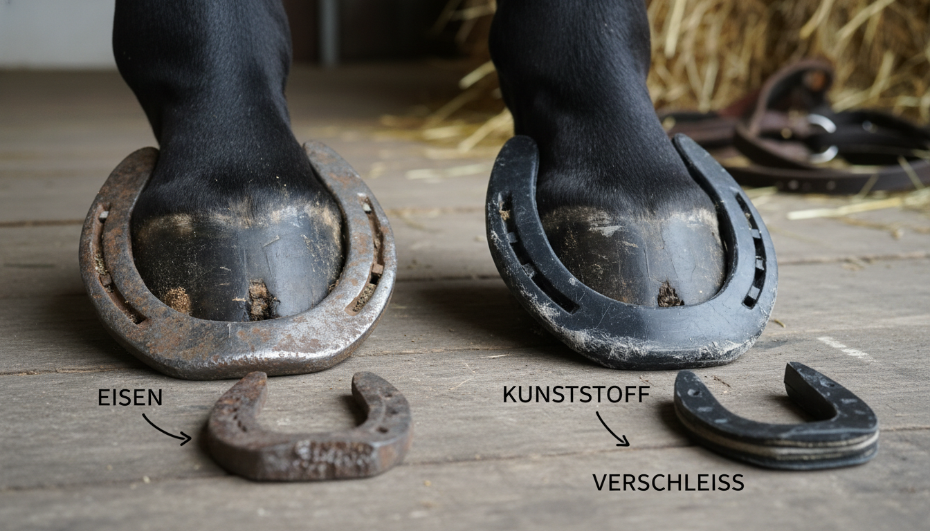 Pferdehuf mit Eisen- und Kunststoffhufschutz im Vergleich, nebeneinander präsentiert zur Veranschaulichung von Materialverschleiß und Strukturunterschieden.
