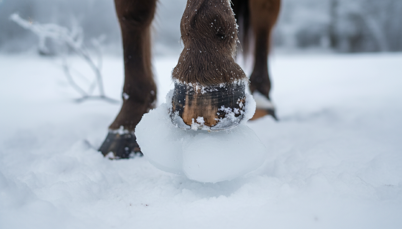 Pferdehuf mit angesammeltem Schnee und festem Eisklumpen unter dem Hufeisen, der die Trittsicherheit im winterlichen Gelände beeinträchtigt.