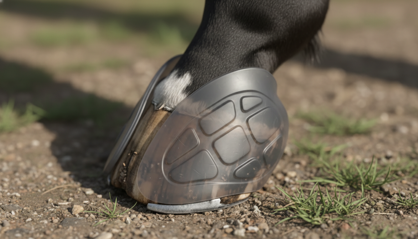 Pferdehuf mit modernem High-Tech-Hufschutz aus flexiblem Kunststoff, der stoßdämpfend wirkt und die natürliche Beweglichkeit des Hufs unterstützt.