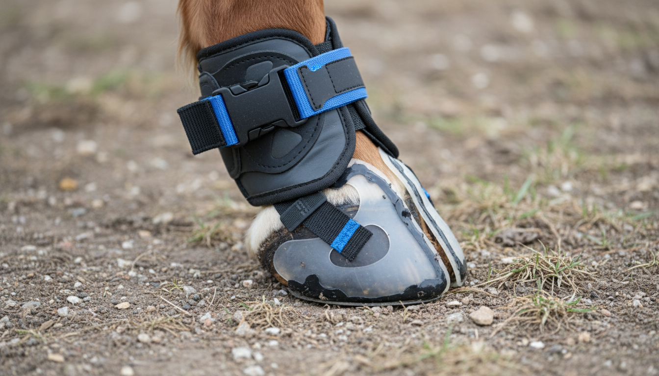 Pferdehuf mit modernen Hufschutzlösungen wie verstellbarem Hufschuh und flexiblem Klebebeschlag, die sich passgenau an die Hufkontur anpassen.