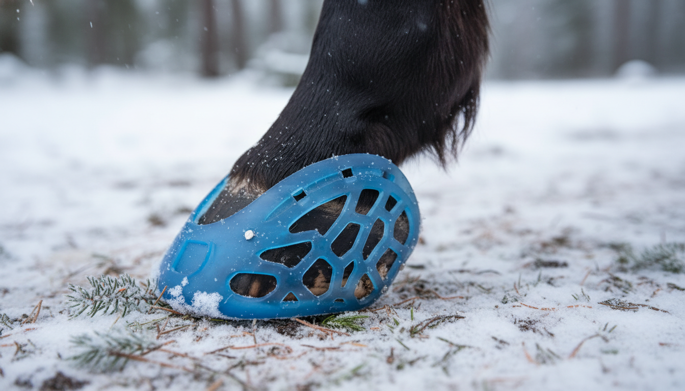 Pferdehuf mit montiertem Kunststoffbeschlag, der leicht, stoßdämpfend und wintertauglich gegen Schnee- und Eisaufstollen wirkt.
