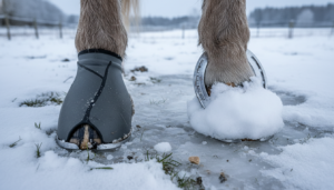 Photorealistic close‑up of a horse’s hoof in winter, showing snow and ice on the ground; comparison between a clean, non‑clogged modern synthetic hoof protection and a traditional metal horseshoe with snow buildup; detailed textures of the hoof, snow, and materials; cold winter landscape in soft natural light, emphasizing the effectiveness of synthetic hoof protection in preventing snow packing.