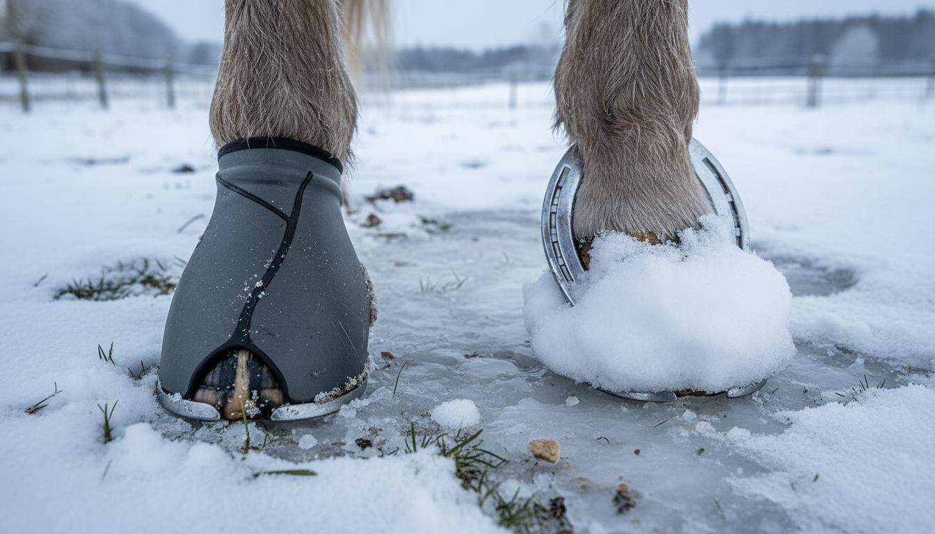 Photorealistic close‑up of a horse’s hoof in winter, showing snow and ice on the ground; comparison between a clean, non‑clogged modern synthetic hoof protection and a traditional metal horseshoe with snow buildup; detailed textures of the hoof, snow, and materials; cold winter landscape in soft natural light, emphasizing the effectiveness of synthetic hoof protection in preventing snow packing.