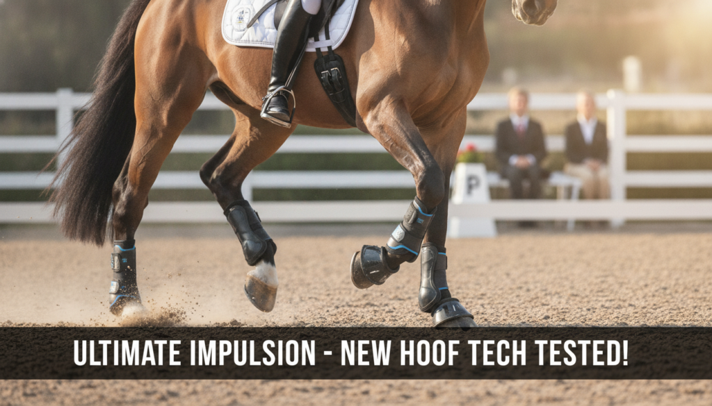 Photorealistic close‑up of an elegant dressage horse in mid‑collection, powerful yet graceful movement, focus on the legs and hooves equipped with advanced protective shock‑absorbing hoof boots; dynamic arena setting with soft natural light highlighting muscle definition and motion; subtle dust particles under the hooves showing energy and impulsion; professional equestrian atmosphere, high detail, sharp focus, dramatic but clean composition suitable for a YouTube thumbnail.