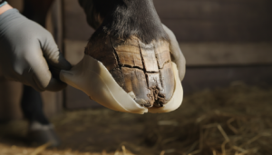 Photorealistic close‑up of a horse’s hoof showing detailed horn splits and hoof cracks, with a farrier applying flexible hoof protection; natural stable background, sharp texture of the hoof wall, dramatic lighting highlighting the cracks and the relief provided by the flexible support, high‑resolution, realistic colors, professional veterinary thumbnail style.