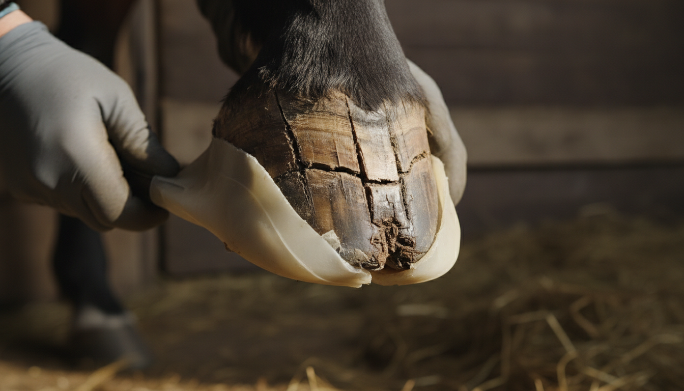 Photorealistic close‑up of a horse’s hoof showing detailed horn splits and hoof cracks, with a farrier applying flexible hoof protection; natural stable background, sharp texture of the hoof wall, dramatic lighting highlighting the cracks and the relief provided by the flexible support, high‑resolution, realistic colors, professional veterinary thumbnail style.