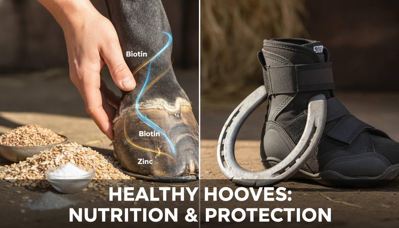 Photorealistic close-up of a healthy horse hoof being examined by a hand, with subtle glowing overlays representing nutrients like biotin and zinc flowing through the hoof structure, a split-screen style showing natural feeding elements (grains, supplements) on one side and professional hoof protection (horseshoe, hoof boot) on the other, warm natural lighting, sharp detail, clean composition designed for an educational thumbnail.