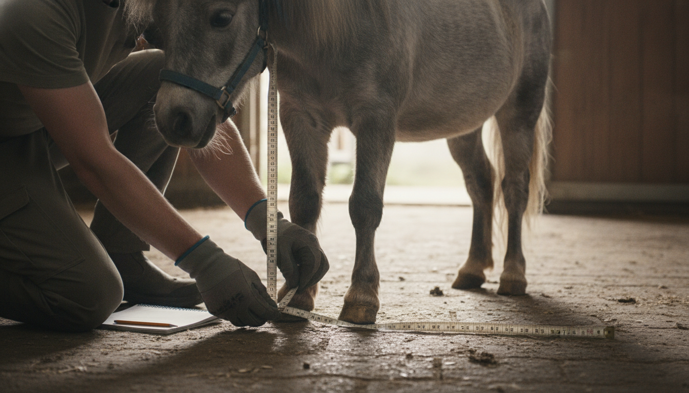 Person misst den Huf eines Ponys mit Maßband, um Breite und Länge zur Auswahl eines passenden Hufschutzes zu bestimmen, Pony steht ruhig auf festem Boden.