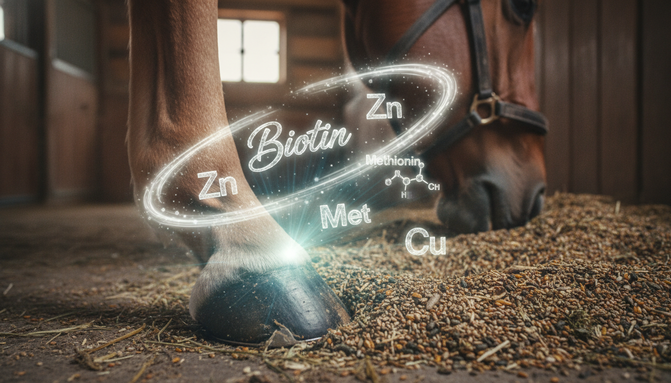 Pferd frisst Ergänzungsfutter, während Nahaufnahme des Hufs Nährstoffe wie Biotin, Zink, Methionin und Kupfer für gesundes, starkes Hufhorn symbolisiert.