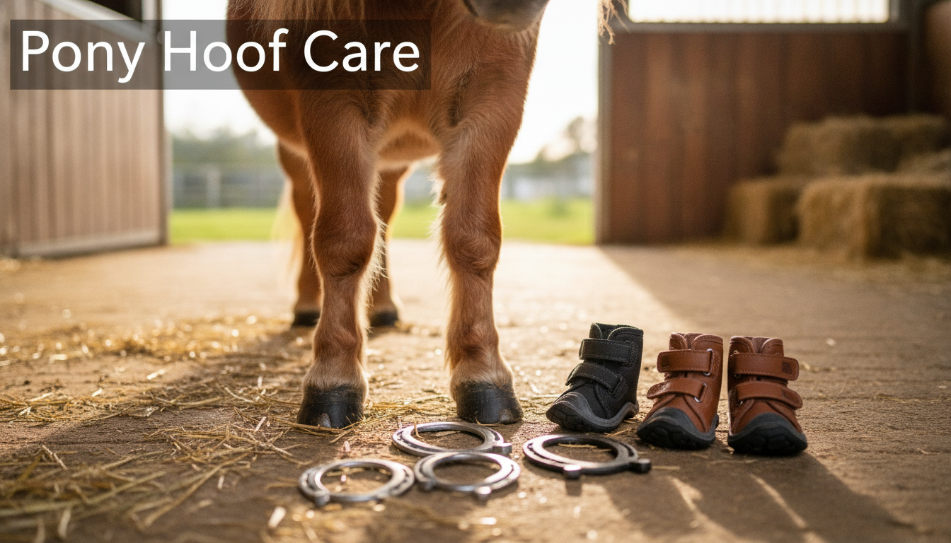 Photorealistic close‑up of a small pony standing in a bright outdoor stable setting, focus on the pony’s hooves with different types of hoof protection laid out beside them, showcasing small-size horseshoes and boots. Warm natural lighting, sharp detail on textures of the hooves, fur, and equipment. Friendly, informative thumbnail composition with clear visual emphasis on hoof care for ponies and small horses.