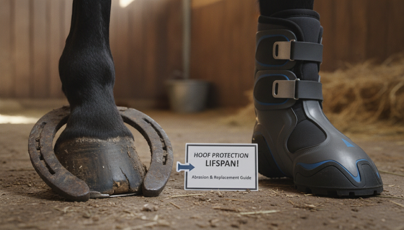 Photorealistic close-up of a horse’s hoof with a worn horseshoe next to a newer, shiny hoof boot, set against a stable background; clear visual contrast showing wear, durability, and maintenance; sharp details of textures, metal wear, and hoof surface; warm natural lighting; composition designed for an informative YouTube thumbnail about hoof protection lifespan, abrasion, and replacement timing