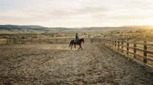 Ein Westernreiter arbeitet sein Quarter Horse im lockeren Galopp auf einem sandigen Roundpen, dahinter Holzzaun und weite Huegellandschaft.
