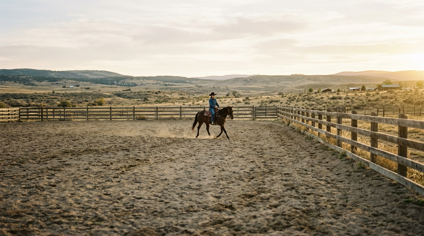 Ein Westernreiter arbeitet sein Quarter Horse im lockeren Galopp auf einem sandigen Roundpen, dahinter Holzzaun und weite Huegellandschaft.
